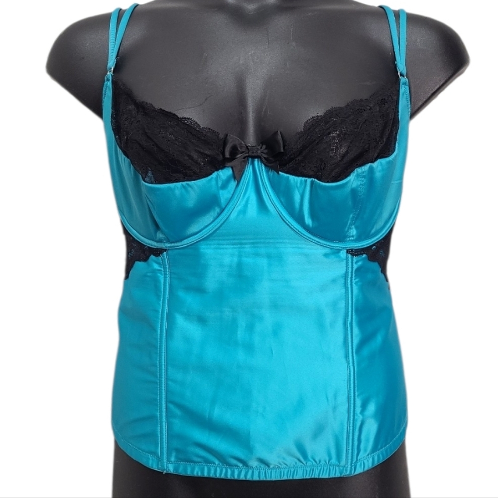 Cacique Teal Satin and Black Lace Longline Bra Camisole
